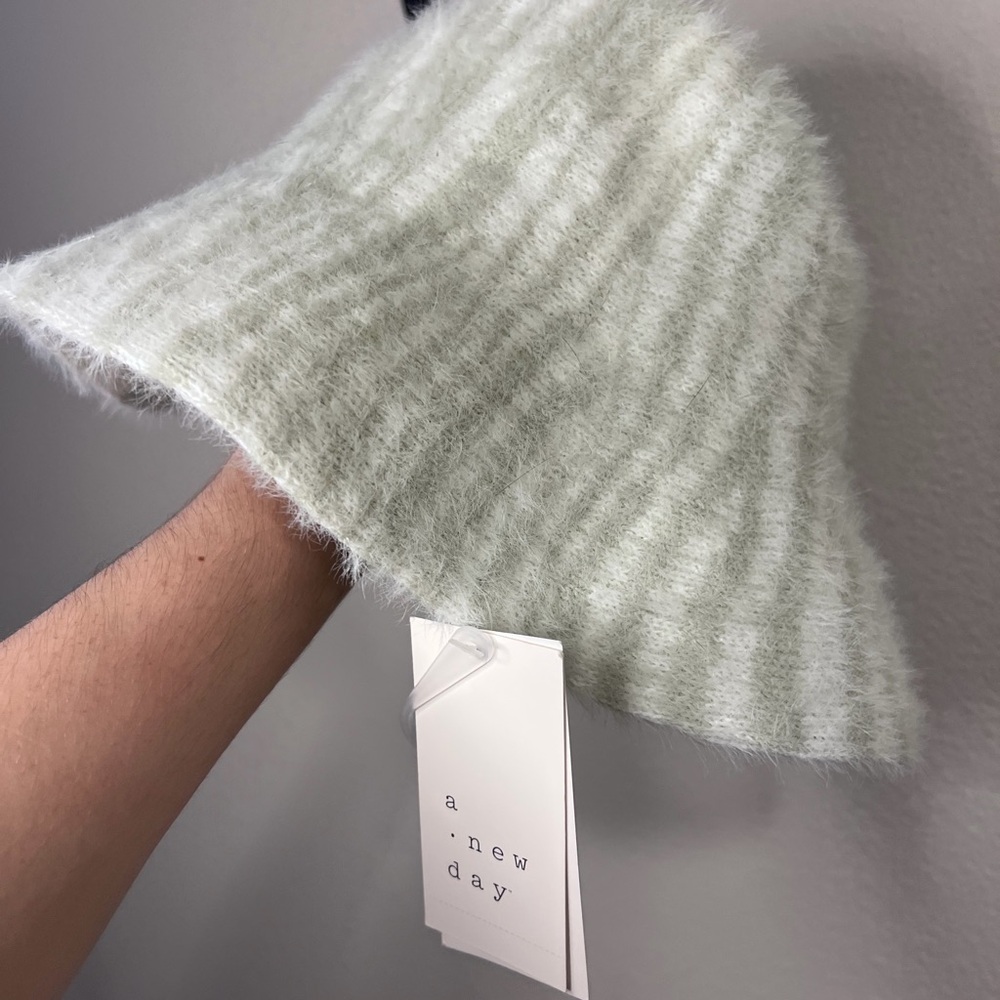 a new day Striped Fuzzy Bucket Hat in Sage and Cream
